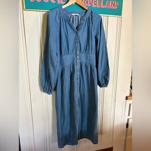 Blue denim midi button up dress with Bishop Sleeves